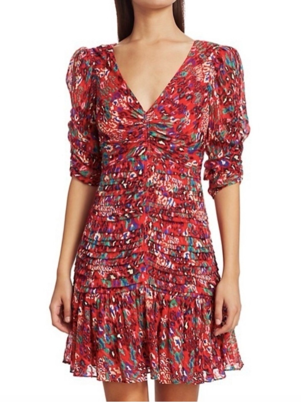 TANYA TAYLOR Pansy Animal Leopard Print Silk Flounce Hem Mini Dress Red Size 8